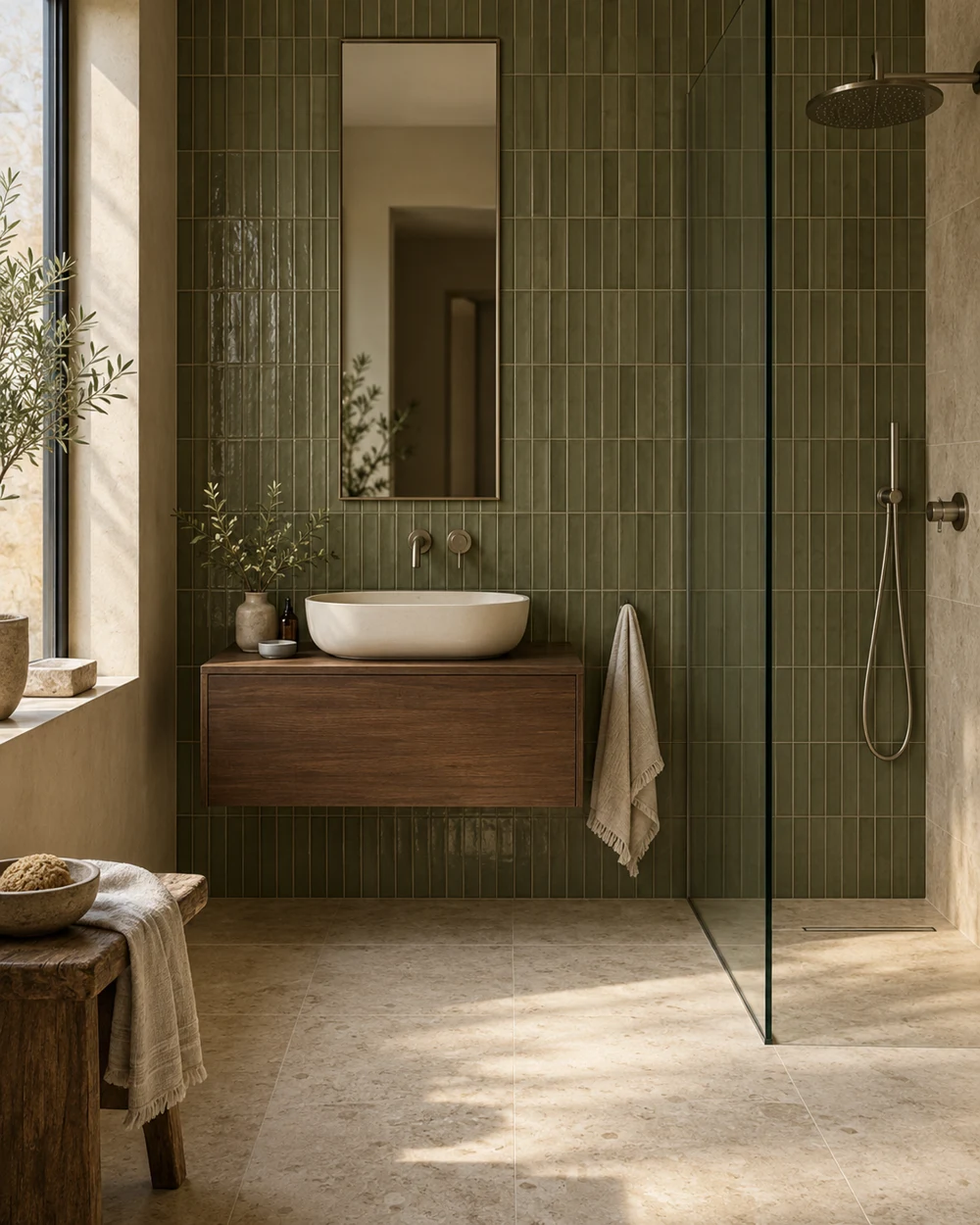 Visione illustrativa di bagno contemporaneo con doccia a filo e mobile sospeso