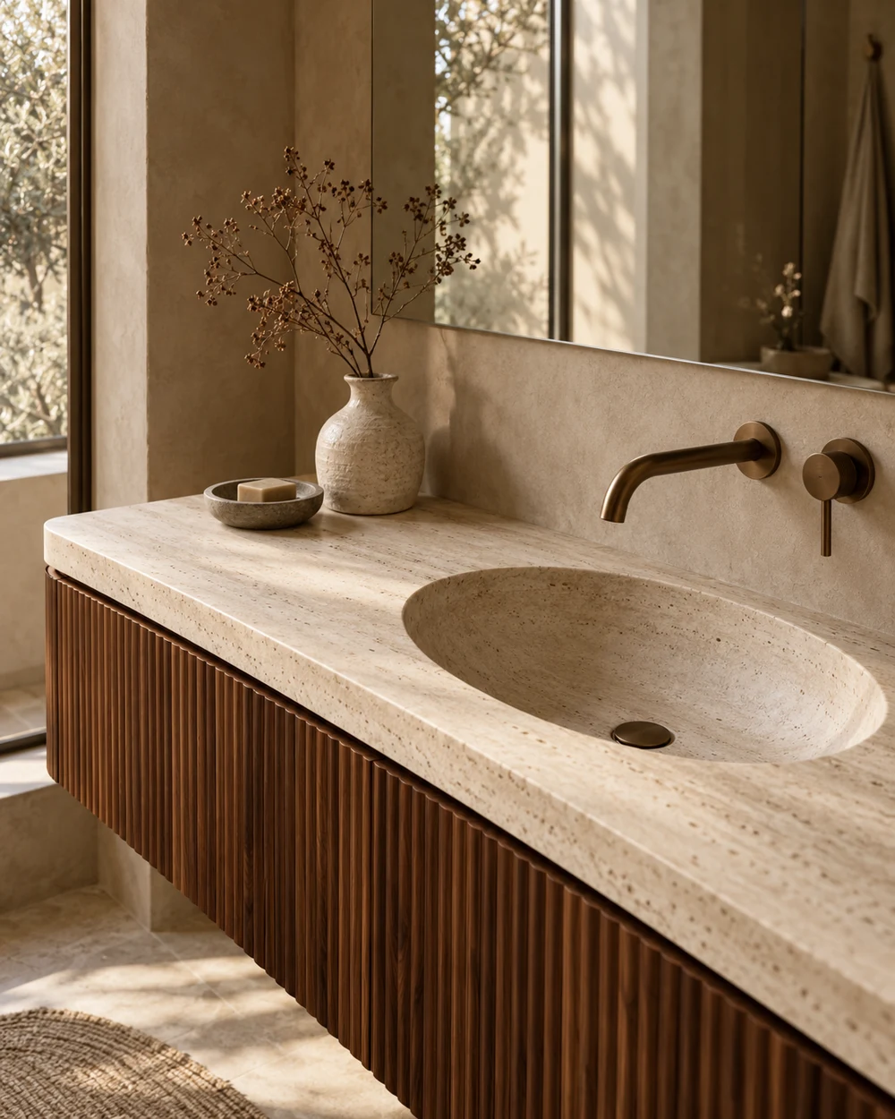 Dettaglio di lavabo in pietra e mobile in legno, immagine illustrativa